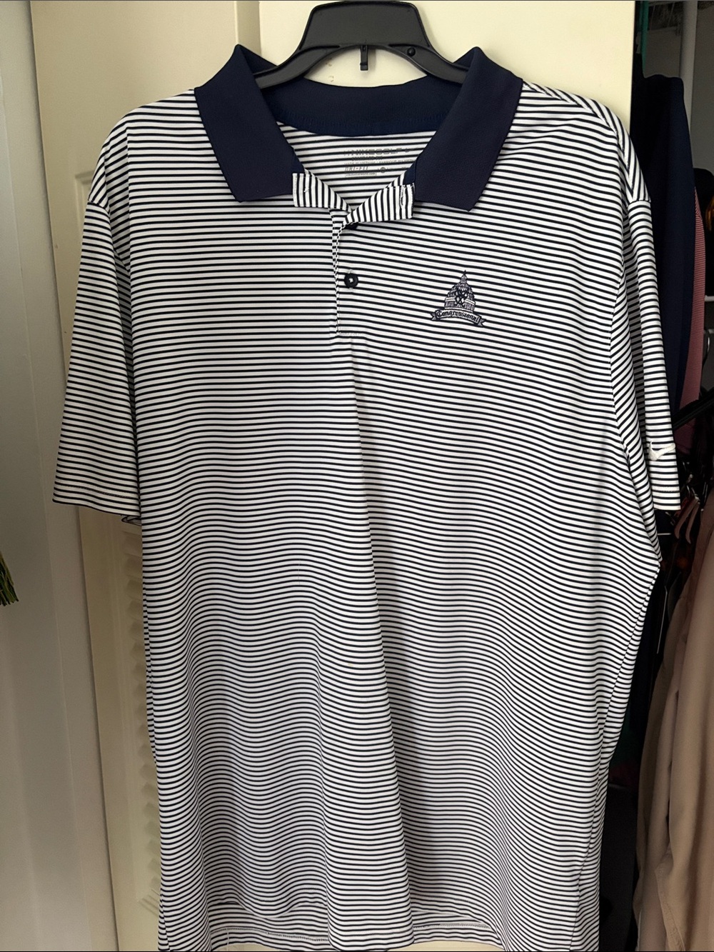 Nike Golf Striped Navy & White Polo Shirt with Congressional Country Club Logo